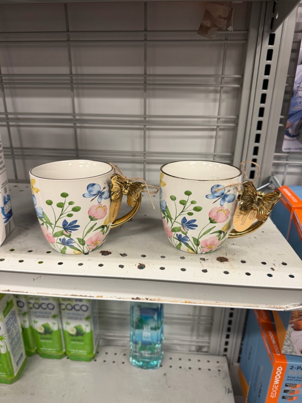 Floral Butterfly Ceramic Mug with Gold Handle - White/Pastel